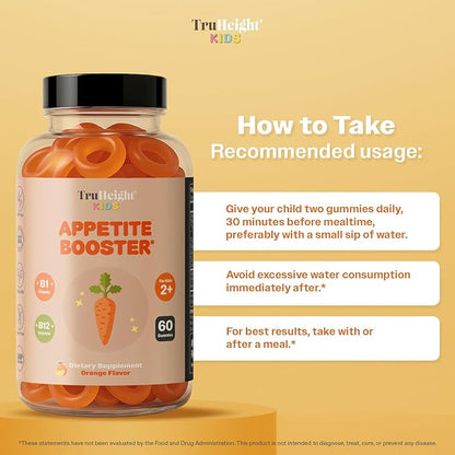 TruHeight Kids Appetite Booster Gummies (Orange, Ages 2+) All Natural Toddler & Kids Appetite Stimulant to Eat More - Weight Gain Supplements - Vitamins for Underweight Children - Picky Eater Vitamin