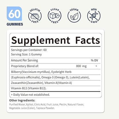 Bilberry Extract Gummies for Eye Health Support, 7-in-1 Herbal Supplement for Vision & Eyes Strain w/Eyebright Herb Lutein & Zeaxanthin, Alternative to Bilberry Powder Capsules. 60Count