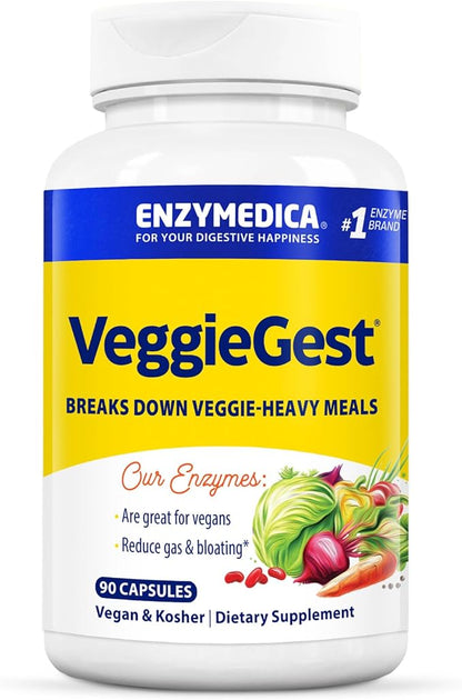 Enzymedica, VeggieGest, Digestive Enzymes, Supports Occasional Gas & Bloating Relief from High Fiber Meals, for Vegan & Vegetarian Diets, Enzyme Blend for Digestive Health, 90 Count
