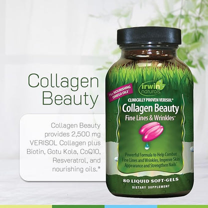 Irwin Naturals Collagen Beauty – 80 Liquid Soft-Gels – Advanced Skin, Hair & Nail Nourishment