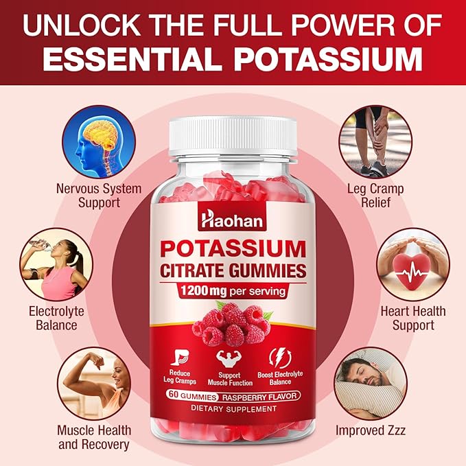Potassium Citrate 1200mg Gummies - Chewable Supplement to Support Muscle Health & Relieve Leg Cramps for Men & Women. Vegan, Gluten-Free, Sugar-Free, Raspberry Flavor, 120 Count