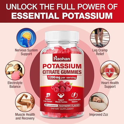 Potassium Citrate 1200mg Gummies - Chewable Supplement to Support Muscle Health & Relieve Leg Cramps for Men & Women. Vegan, Gluten-Free, Sugar-Free, Raspberry Flavor, 120 Count