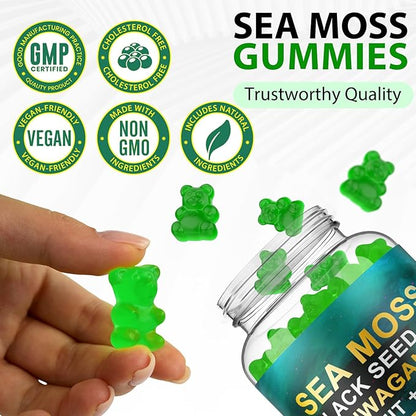 Sea Moss Gummies, SeaMoss Gummy with Black Seed Oil,Ashwagandha,Natural Ingredients Shilajit & Ginger for Men & Women, 17,590mg-60 Gummies