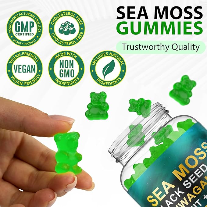 Sea Moss Gummies,with Elderberry Black Seed Oil,Ashwagandha&Ginger,Natural Irish Sea Moss for Immunity & Energy Supplement for Women,Men,Extra Strength,Great Tasting (1 Pack)