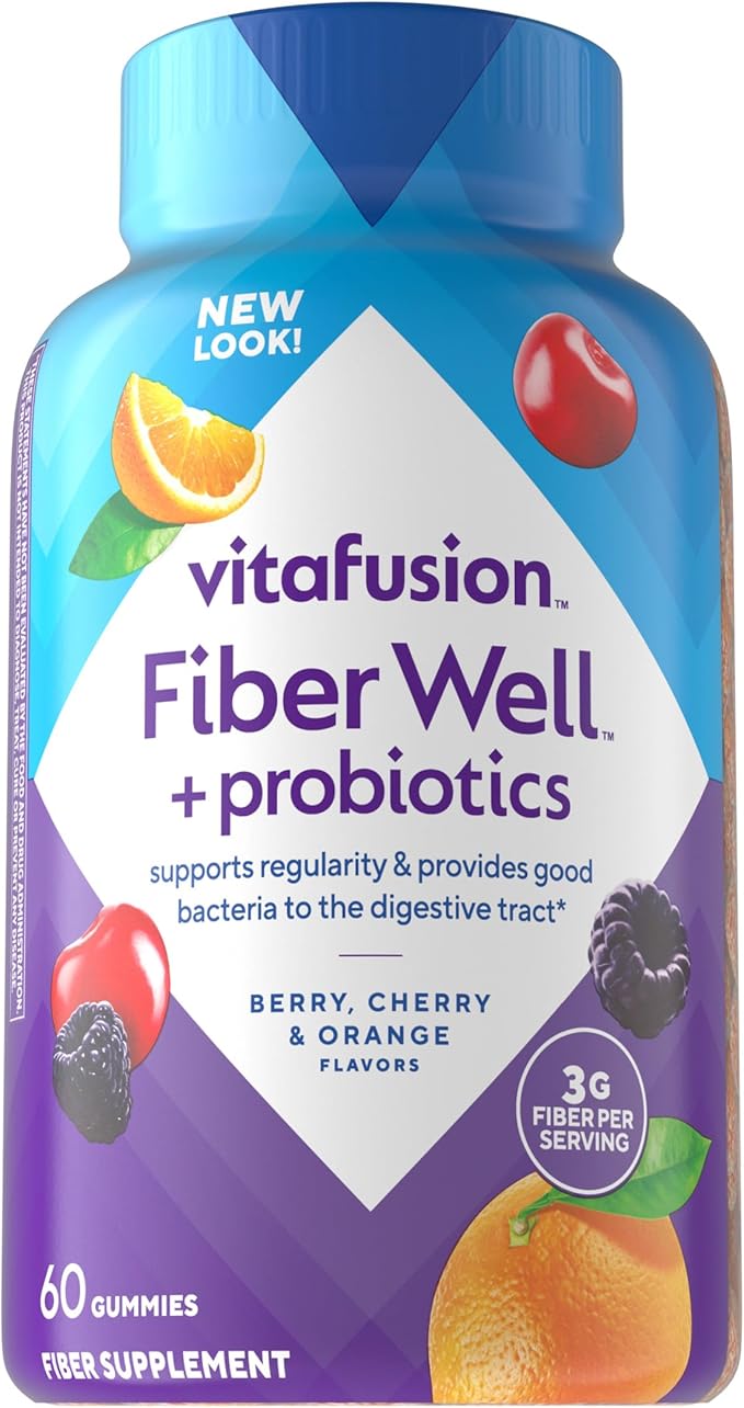 vitafusion Probiotic + Prebiotic Fiber Gummies for Adults, Probiotic Supplement with Prebiotic Fiber to Support Gut Health and Provide Good Bacteria (1), Cherry Berry Citrus Rush Flavor, 60 Count