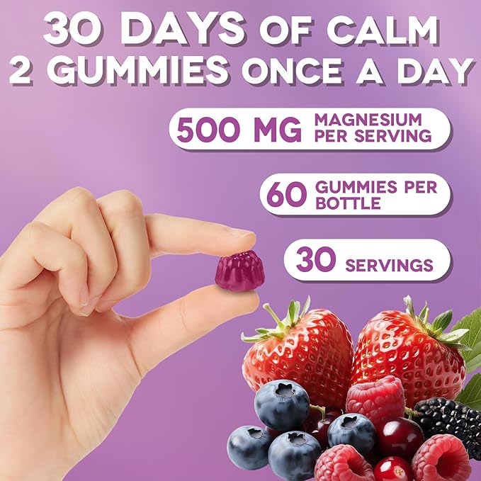 Magnesium Complex Gummies 500mg - Magnesium Glycinate, Citrate, Malate with Vitamin D3, C, B6, B12, Zinc & Calcium, Magnesium Supplement Chewable Support Calm, Muscle, Mood - Vegan 60 Counts