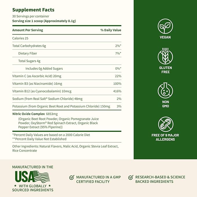 Snap Supplements Organic Beet Root Powder Nitric Oxide Supplement for Men & Women, Red Spinach & Pomegranate, Supports Healthy Energy & Blood Pressure Already in Normal Range, 30 Servings, Apple