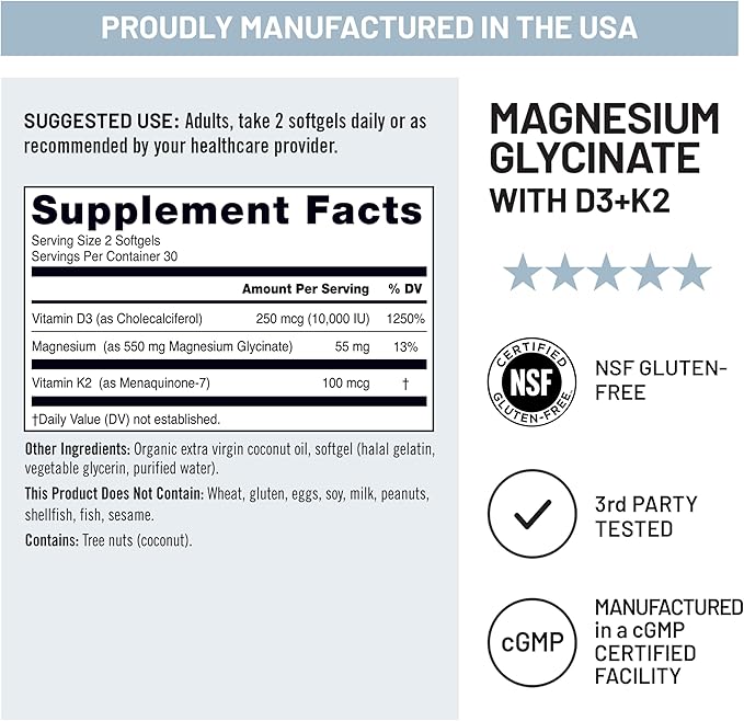 NatureWise Magnesium Glycinate 550mg + High-Dose 10000 IU Vitamin D3 K2 100 mcg - D3 K2 Magnesium Supplement - Chelated for High Absorption - Bone Support - Non-GMO, USA Manufactured - [30-Day Supply]