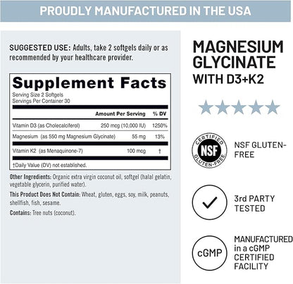 NatureWise Magnesium Glycinate 550mg + High-Dose 10000 IU Vitamin D3 K2 100 mcg - D3 K2 Magnesium Supplement - Chelated for High Absorption - Bone Support - Non-GMO, USA Manufactured - [30-Day Supply]