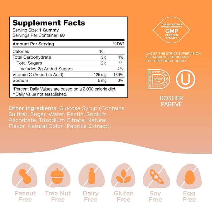 Zahler - Chapter One Vitamin C Gummies for Adults & Kids 125 mg, Certified Kosher (60 Flavored Gummies)