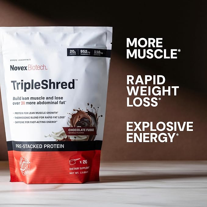 Novex Biotech TripleShred Protein Powder – Lean Muscle & Metabolism Support with Thermogenic Blend, Caffeine, Green Tea & Coffee Bean – Weight Management Formula, Chocolate Fudge, 20 Servings