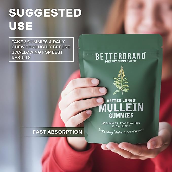 Betterbrand Mullein Chewable Gummies for Lung Cleanse and Detox, Respiratory Health Supplement, 1000mg Mullein Extract per Serving, 60 Gummies - 30 Day Supply - Pear Flavored