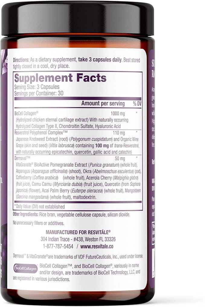 ResVitále Ultra Collagen Enhance - Skin Care Supplement with Resveratrol - 90 Veggie Capsules
