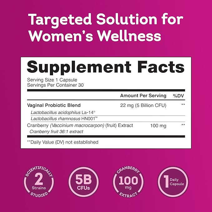 Florawell® Vaginal Probiotics for Women – pH Balance, Healthy Odour, UT & Intimate Health - Vaginal Health Supplement with Cranberry Extract - 30 Oral Capsules
