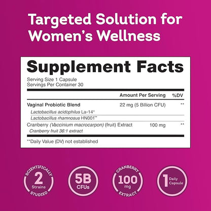 Florawell® Vaginal Probiotics for Women – pH Balance, Healthy Odour, UT & Intimate Health - Vaginal Health Supplement with Cranberry Extract - 30 Oral Capsules