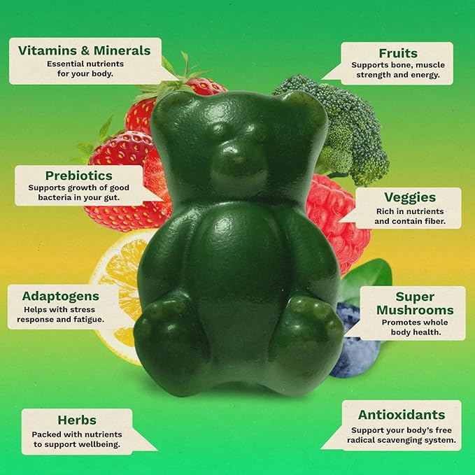 Gruns Adult Super Greens Multivitamin Gummies, Superfood Gummy Vitamins for Women and Men with Spirulina, Chlorella, Adaptogens & Prebiotic Fiber for Digestive Health (28 Count) (Pack of 2)