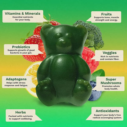 Gruns Adult Sugar-Free Super Greens Multivitamin Gummies, Superfood Gummy Vitamins for Women and Men with Spirulina, Chlorella, Adaptogens & Prebiotic Fiber for Digestive Health (28 Count)