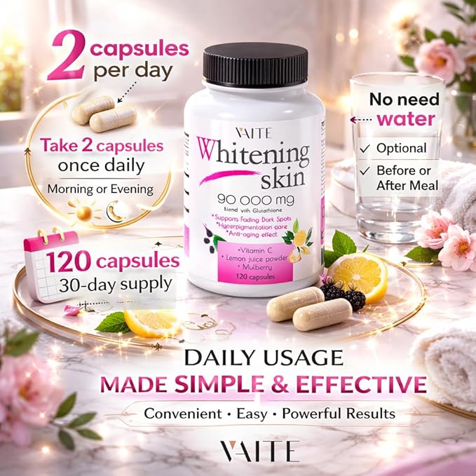 VAITE Glutathione Whitening Pills - Dark Spots & Acne Scar Remover - 90000mg - Vegan Skin Bleaching Pills with Anti-Aging & Antioxidant Effect - 120 Capsules