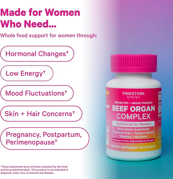 Pink Stork Beef Organ Supplement for Women | Grass-Fed Beef Liver Capsules with Iron, B12, CoQ10, Vitamin A | Primal Multivitamin for Female Hormone + Energy Support | 60 Capsules