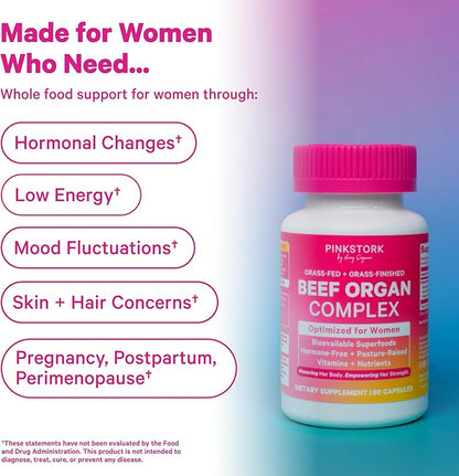 Pink Stork Beef Organ Supplement for Women | Grass-Fed Beef Liver Capsules with Iron, B12, CoQ10, Vitamin A | Primal Multivitamin for Female Hormone + Energy Support | 60 Capsules