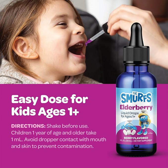 Smurfs Kids Elderberry Drops | Liquid Vitamin C and Elderberry for Kids Immune Support | Ages 1 & Up | Vegan Non-GMO & No Artificial Flavors or Colors | No Added Sugar | Berry Flavor | 30 Servings