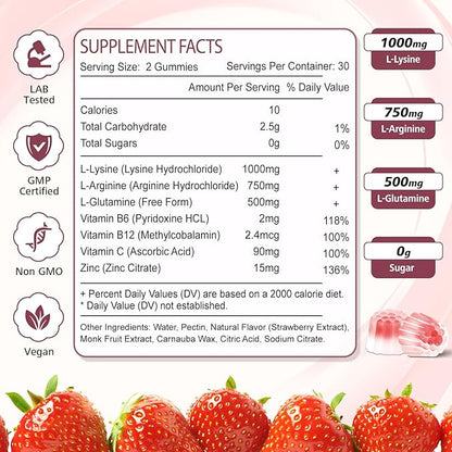 2 Pack L-Lysine Gummies 1000mg, Lysine Gummies Supplement for Adults & Kids, Essential Amino Acid with L-Arginine, L-Glutamine for Lip & Skin, Immune, Calcium Absorption, Strawberry Flavor, 120Ct