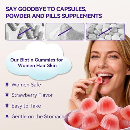 Hair Skin and Nails Gummies - Hair Growth Multivitamin Biotin Gummies with Collagen and Keratin for Women Vegan Sugar Free Strawberry Flavor 120 Count