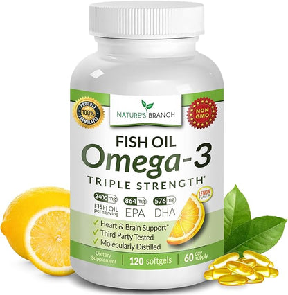 Triple Strength Omega 3 Fish Oil Supplements 2400mg | 120 Capsules, Burpless High Potency Lemon Flavor, High EPA DHA for Men & Women Ultra Pure Softgels | Joint Support, Eyes, Heart Brain Health Pills