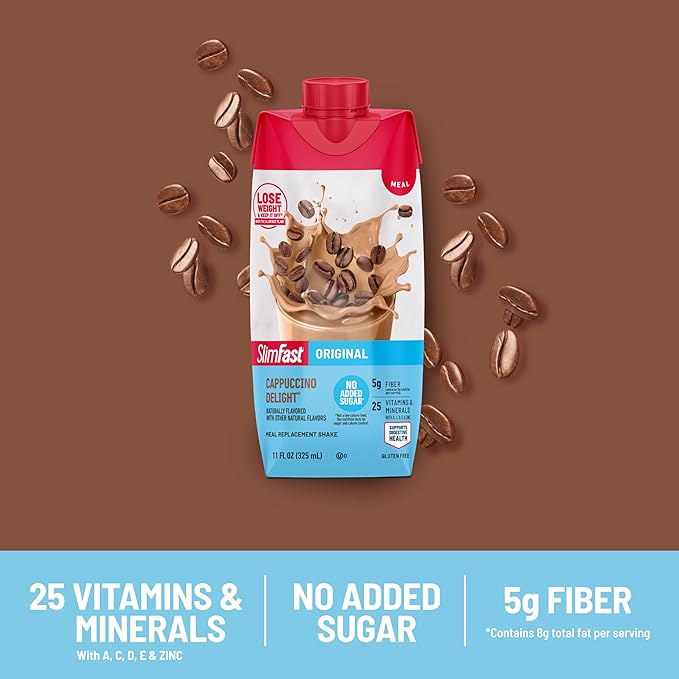 SlimFast Meal Replacement Shake, Original Cappuccino Delight, No Added Sugar, Meal Replacement Shakes, 10g Ready to Drink Protein, 5g Fiber, 25 Vitamins and Minerals, 11 Fl. Oz, 12 Count
