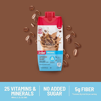 SlimFast Meal Replacement Shake, Original Cappuccino Delight, No Added Sugar, Meal Replacement Shakes, 10g Ready to Drink Protein, 5g Fiber, 25 Vitamins and Minerals, 11 Fl. Oz, 12 Count