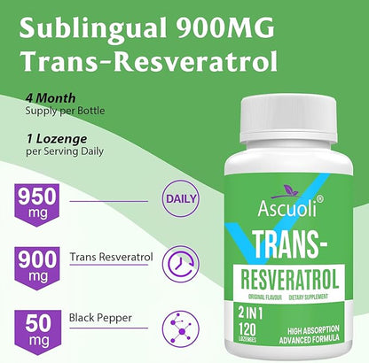 Sublingual Trans-Resveratrol Purity 99%, 3-in-1 Advanced Formula Resveratrol Supplement for Boost NAD+, Immune & Energy Support, Anti-Aging, Skin & Overall Health, 120 Lozenge (120-Day Supply)