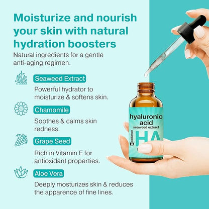 Double Size (4oz) Hyaluronic Acid Serum for Face 3.5%, Hyaluronic Acid Moisturizer, Hydrating Serum, Moisturizing Hyaluronic Acid Serum, Seaweed, Chamomile, Glow Face Serum for Women