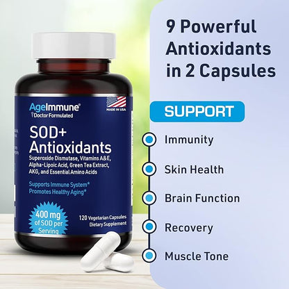 SOD Antioxidants Complex Healthy Aging Supplement - 400mg of Superoxide Dismutase - Alpha Lipoic Acid - Green Tea Extract - L-Arginine - Lysine - AKG - Vitamins A and E for Immune Support-120 Capsules