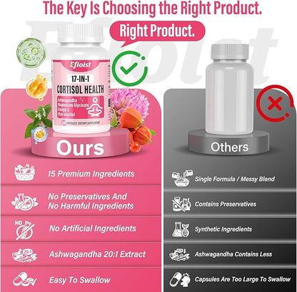 Cortisol Reducer, 17-in-1 Cortisol Supplement for Women, Hormone Harmony for Women with Ashwagandha, Rhodiola Rosea, Magnesium Glycinate, Omega-3, for Mood, Focus, Sleep Support, 60 Capsules