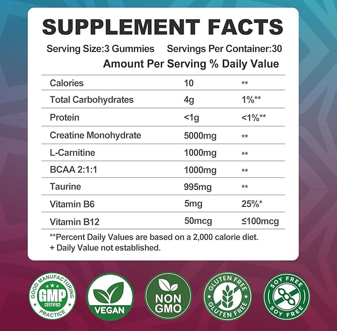 Creatine Monohydrate 8000mg Gummies with BCAA, L-Carnitine, Taurine & Vitamin B12 - Pre Workout Supplement for Muscle Growth, Strength & Energy - Raspberry Flavor Gummies, 180 Count for Men & Women