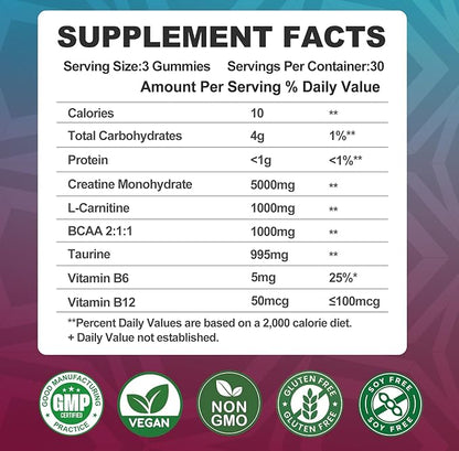Creatine Monohydrate 8000mg Gummies with BCAA, L-Carnitine, Taurine & Vitamin B12 - Pre Workout Supplement for Muscle Growth, Strength & Energy, Raspberry Flavor Gummies, 90 Count for Men & Women