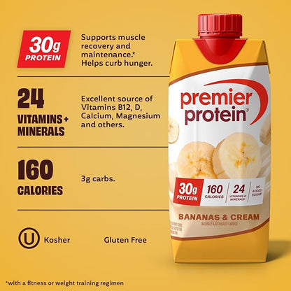 Premier Protein Shake, Bananas & Cream, 30g Protein, No Added Sugar, 24 Vitamins & Minerals to Support Immune Health, 11 fl oz, 4 Pack (Packaging May Vary)