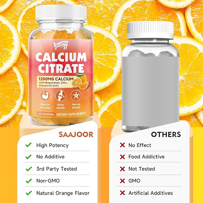 Calcium Citrate Gummies 1200 mg with Vitamin D3, K2, Magnesium, Zinc, Bone Support for Bones, Muscles & Joints,Immunity & Memory Support, 60 Count