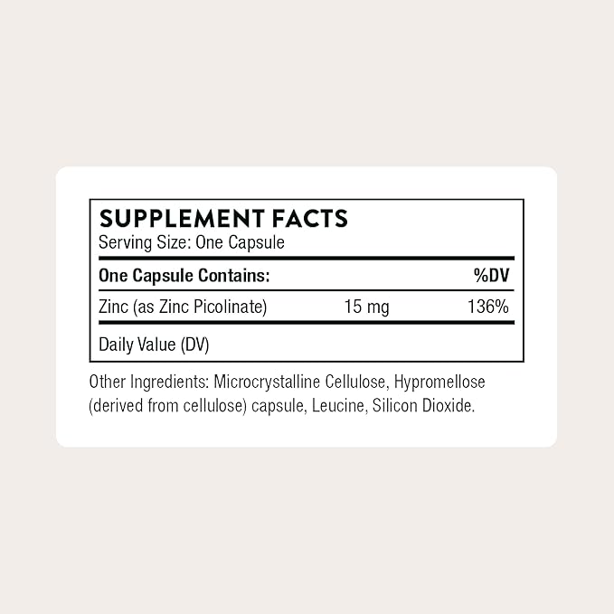 THORNE - Zinc Picolinate 15 mg - Highly Absorbable Zinc Supplement - Supports Immune System, Eye, Skin & Reproductive Health* - Third-Party Certified - Gluten, Dairy & Soy-Free - 60 Capsules
