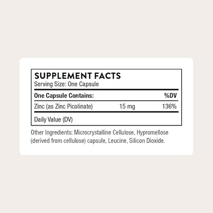 THORNE - Zinc Picolinate 15 mg - Highly Absorbable Zinc Supplement - Supports Immune System, Eye, Skin & Reproductive Health* - Third-Party Certified - Gluten, Dairy & Soy-Free - 60 Capsules