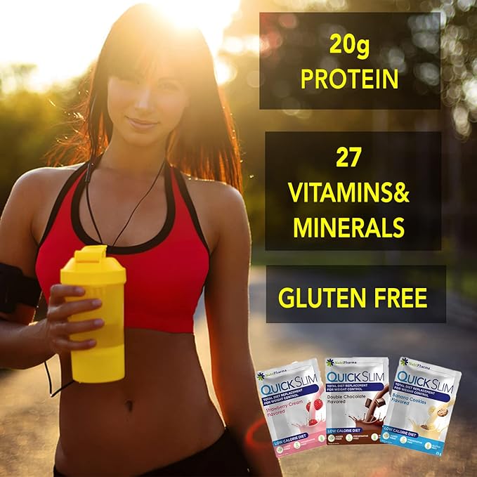 Quick Slim Meal Replacement Shake for Weight Loss, 30 Servings, Complete Meal Replacement Powder, Low Carb Diet Shakes for Women & Men, 20g Protein, 27 Vit & Min, Fiber, Gluten Free (Strawberry Cream)