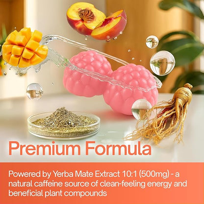 60 Yerba Mate Gummies - Formulated with L-Theanine, Rhodiola Rosea, Ginseng, Choline, B12 – Peach Mango Flavor – Vegan, Gluten-Free, Non-GMO