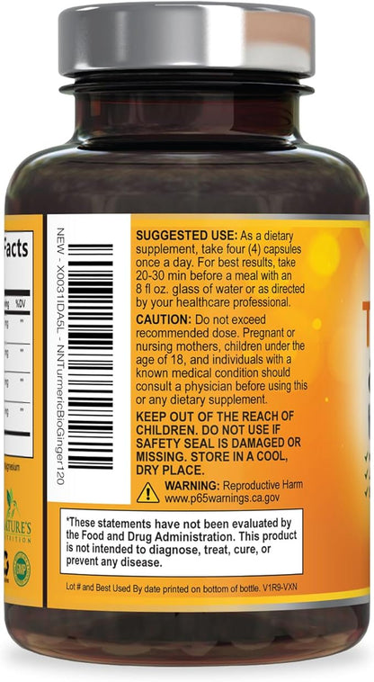 Turmeric Curcumin Supplement - 2000mg Organic Turmeric Per Serving - 95% Curcuminoids, Ginger & BioPerine Black Pepper for Best Absorption - Natural Vegan Joint Support, Bottled in USA - 120 Capsules