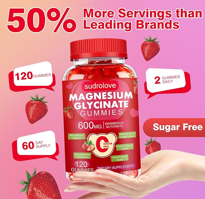 Magnesium Glycinate Gummies 600mg – Sugar Free Magnesium & Potassium Dietary Supplement with Vitamin D, B6 and CoQ10 for Calm Support & Sleep for Adults - High Absorption -Strawberry Gummies