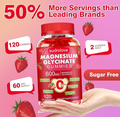 Magnesium Glycinate Gummies 600mg – Sugar Free Magnesium & Potassium Dietary Supplement with Vitamin D, B6 and CoQ10 for Calm Support & Sleep for Adults - High Absorption -Strawberry Gummies
