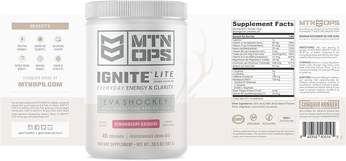 MTN OPS Ignite Lite Sugar Free Energy Drink Powder with 100mg Caffeine, Nootropic Blend for Energy & Focus, L Arginine & L Citrulline for Endurance, 45 Servings, Strawberry Daiquiri
