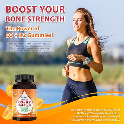 Sugar Free Vitamin D3 K2 Gummies with Calcium, 2000 IU D3 & 200 mcg K2(MK-7) & 200 mg Calcium, Supports Healthy Bones & Immune Health, Gluten Free, GMO Free, Yellow Peach, 60 Count