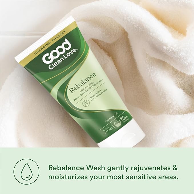 Good Clean Love Rebalance Intimate Feminine Wash, Water Based pH-Balanced & Moisturizing Cleanser with Organic Aloe Vera and Natural Ingredients, Reduces Vaginal Dryness & Odor, Cedarwood, 6 Oz
