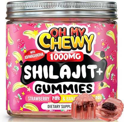 OH MY CHEWY Pure Himalayan Shilajit Gummies - High Potency Gold Grade Resin - Energy Boost and Immune Support for Men and Women with Ashwagandha and Shatavari - 120 Gummy - Strawberry & Banana