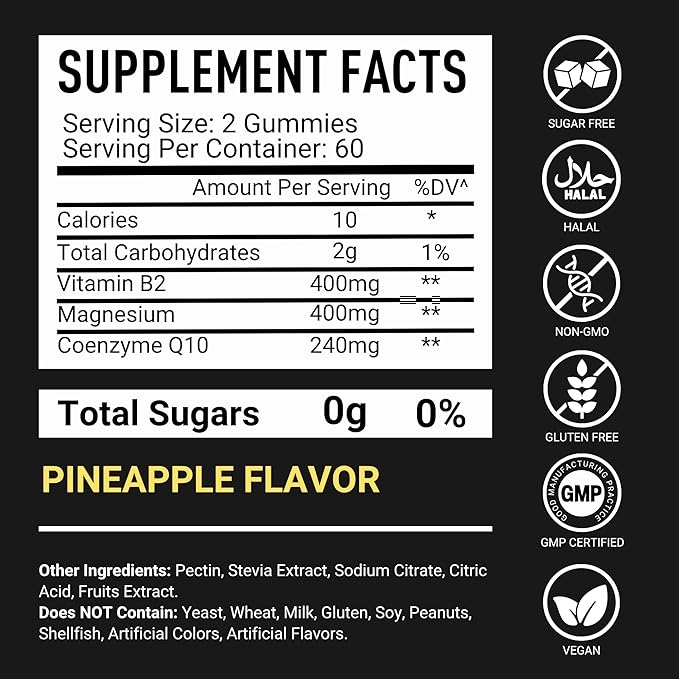 Vitamin B2 Gummies Riboflavin 400mg – 120 Gummies with Magnesium, CoQ10 & Vitamin B2 for Adults – Sugar Free B2 Vitamin 400mg for Energy, Head Comfort & Nervous System Support
